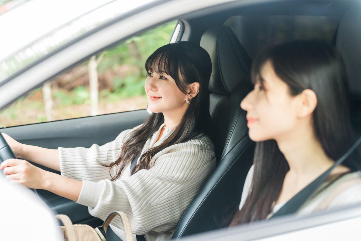 目的地で車を停めてドライブを楽しむ様子